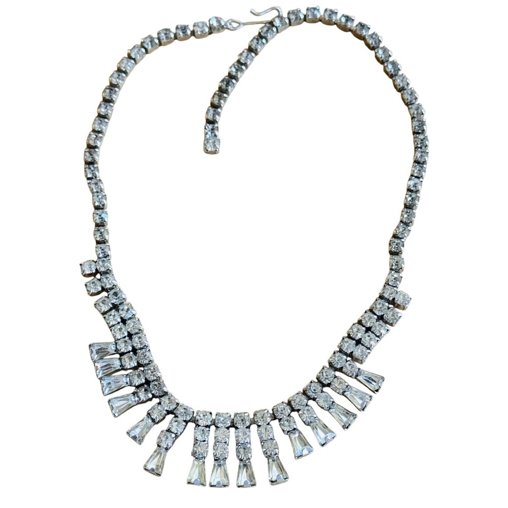 VTG Art Deco Crystal Rhinestone necklace Austrian Silver Bridal Regal‎ Retro 15"